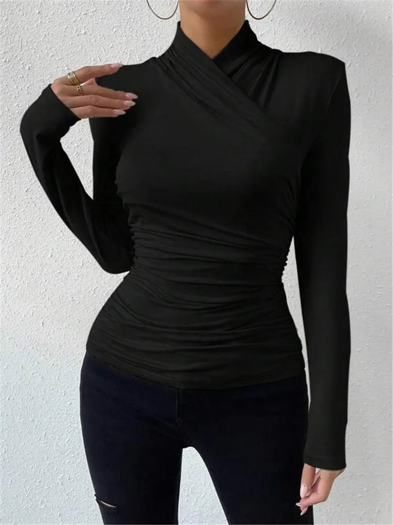 Women's Clothing Autumn Winter Tshirts New Design Cross Neckline Versatile Pleated T-shirt Comfortable Fashion Slim Fit Sexy Top.