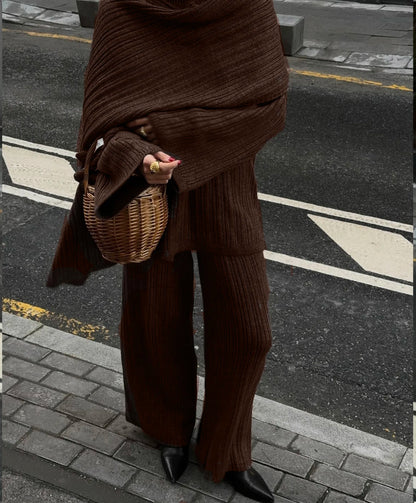 Hirsionsan Soft Elegant Vintage Women Suits 3 Pieces Female Sets O Neck Sweater & Wild Leg Pants with Scarf Knitted TrackSuit