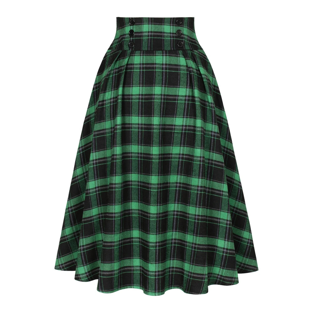 SISHION 2025 Autumn New A Line Swing Buttons Long Midi Vintage Skirt SS0037 Red Green High Waist Plaid Skirts for Women Jupe
