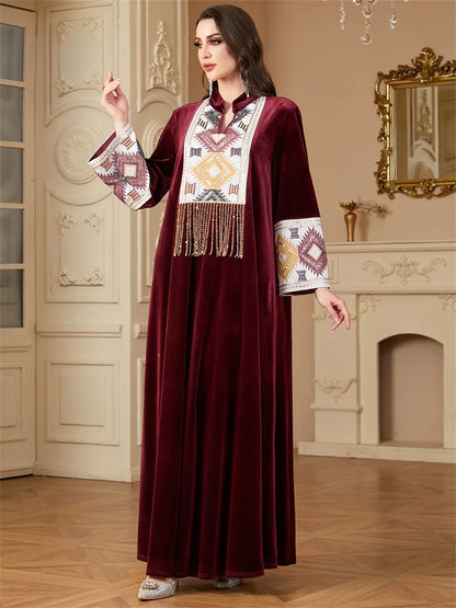 Siskakia Ramadan Muslim Notched Stand Collar Tassel Long Dresses For Women  Loose Elegant Kebaya Patchwork Sleeve Abayas.