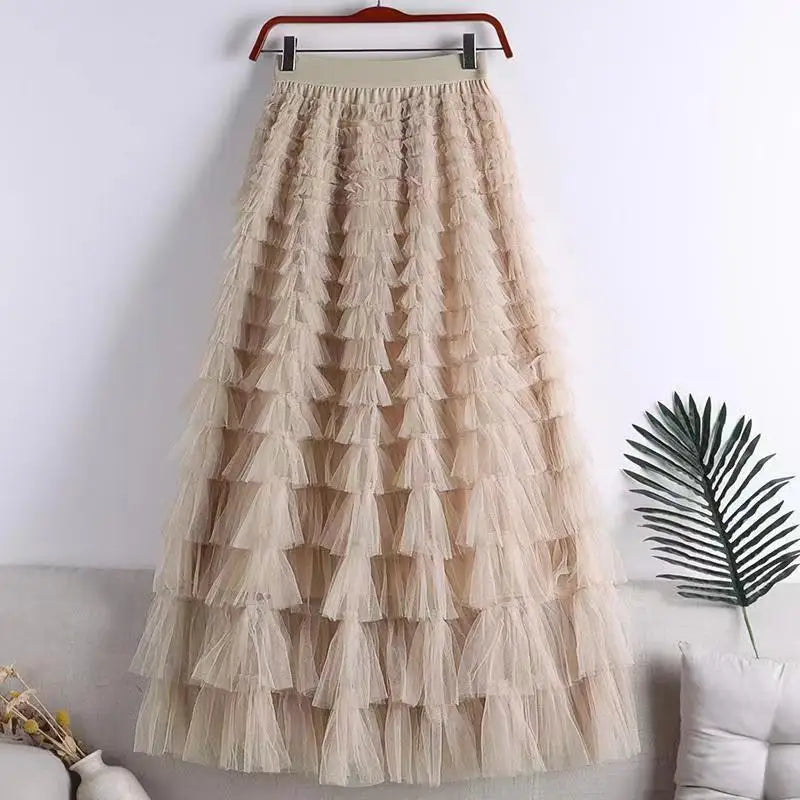 Chamliforve Women Tulle Mesh Skirt Elegant Elastic Waist Fairy Long A-line Tutu Skirt for Spring Summer Long Cake Skirt.