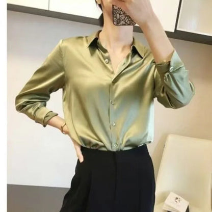 2025 Summer Women's Satin Shirts Elegant Plain Long Sleeve Blouse Office Lady Button-Up Shirt Top Female Shirts Blouse Autumn.