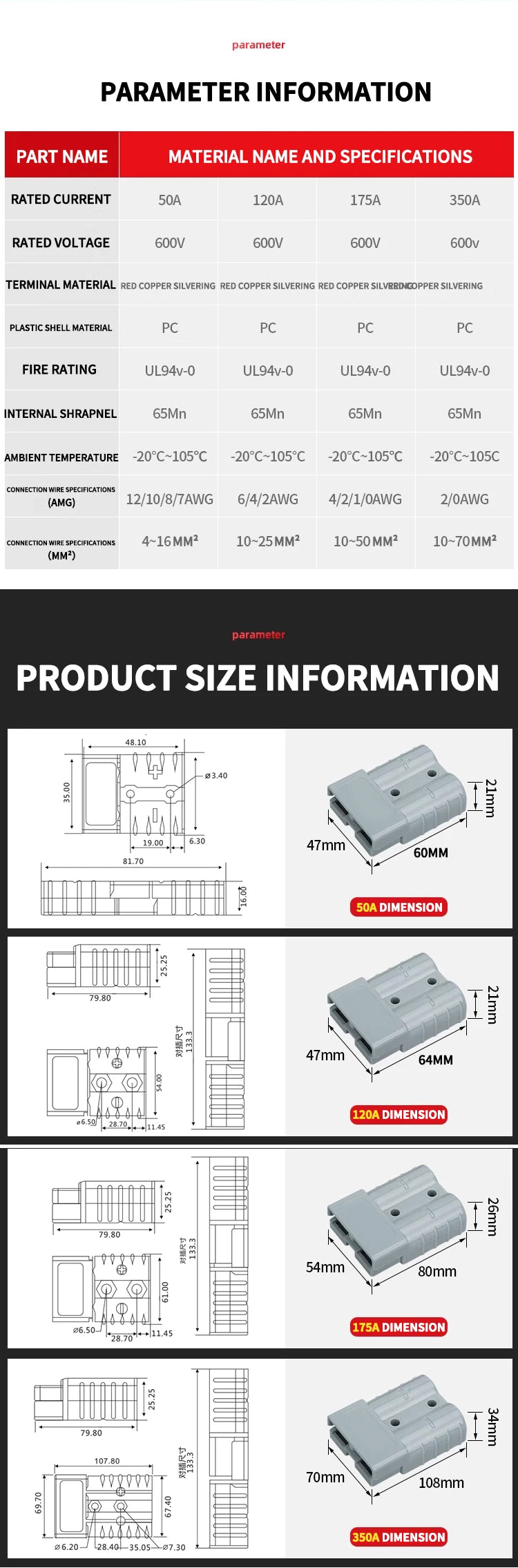 4Pcs Anderson Plug 50A/120A Anderson Connector Power 2 Pin Battery Charging Plug Connector.