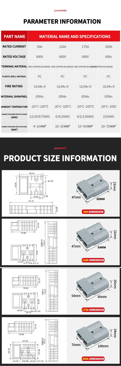 4Pcs Anderson Plug 50A/120A Anderson Connector Power 2 Pin Battery Charging Plug Connector.