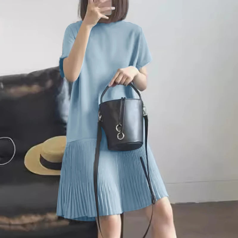 Zanzea lässig solide plissierte Kleid Frauen Sommer Kurzarm knielange Robe 2024 koreanische lose einfache Patchwork Vestido Overs ize