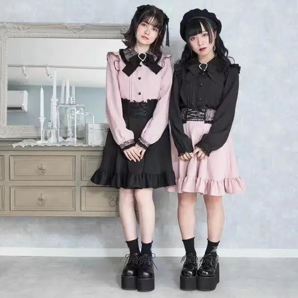 Japanese Gothic Lolita Ribbon Short Suspender plaid Skirt Girls Sweet Cute Lace A-Line Mini Skirts summer2025 black solid kawaii.