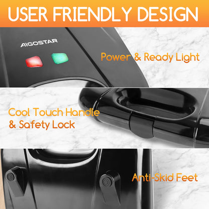 Aigostar Sandwich Maker XXL for 4 Sandwiches, 1400 W, Sandwich Toaster with Non-Stick Coating, Fast Heating, Temperature Control.