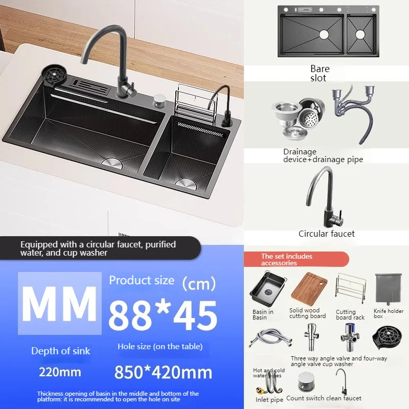 Waterfall Kitchen Sink Stainless Steel Large Double Slot With Chopping Board Rack Knife Holder Multifunctional Dishwash Basin
