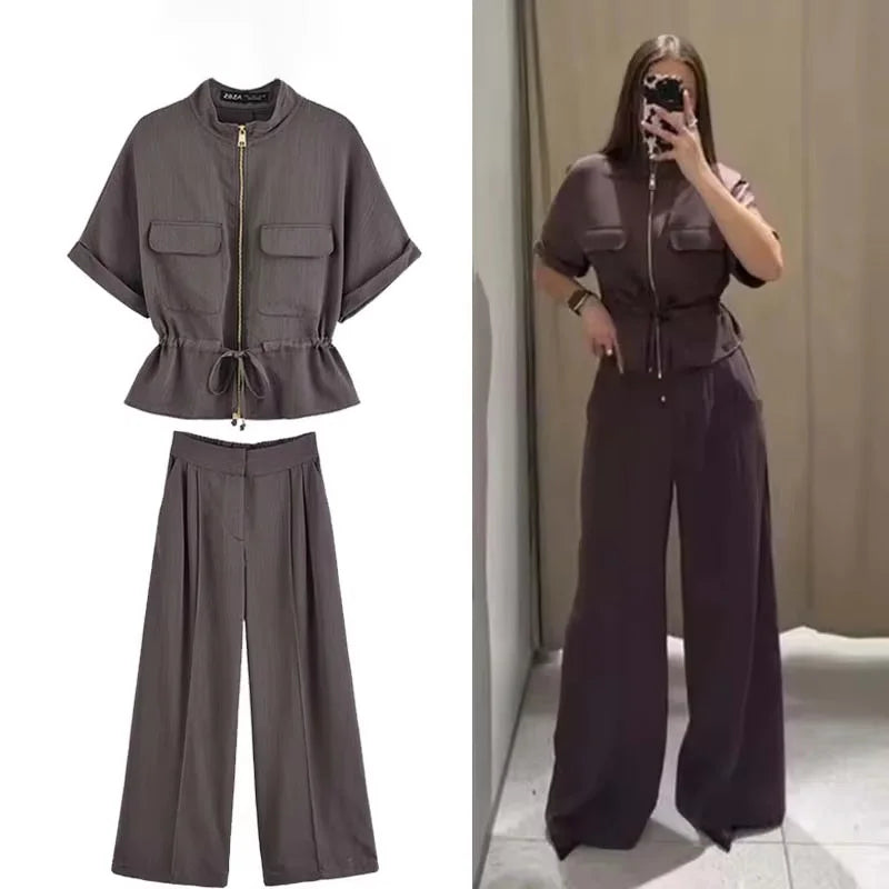 Casual Pants 2 Pieces Sets For Women Short Sleeve Coat High Waist Trousers Women's Suit 2025 Two Pieces Loose Woman Outfits.