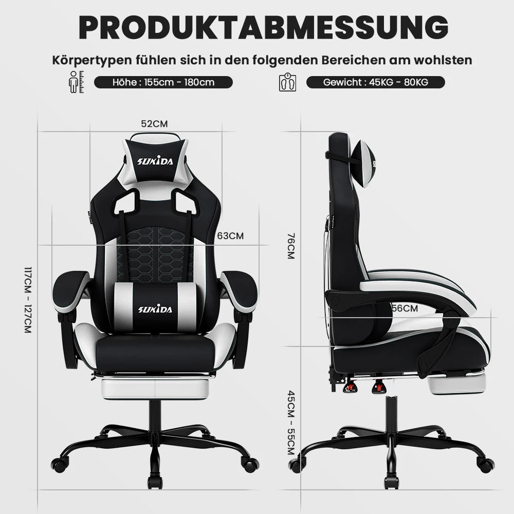 SUKIDA Ergonomischer Racing-Gaming-Stuhl, verstellbar, drehbar, mit Kopfstütze und Lordosenstütze für Büro und Gaming