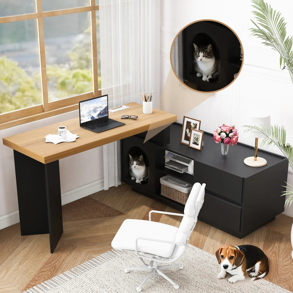 Eckschreibtisch mit integriertem Tierhaus – 120 x 50 cm, L-förmig oder einteilig, Eckschreibtisch für das Heimbüro mit XL-Tierhöhle