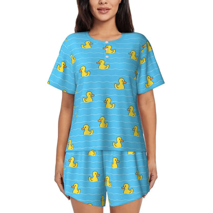 Benutzerdefinierte Frauen Gelb Klassische Gummi Ente Pyjamas Set Gedruckt Zwei-stück Pj Sets Kurzarm Nachtwäsche Loungewear