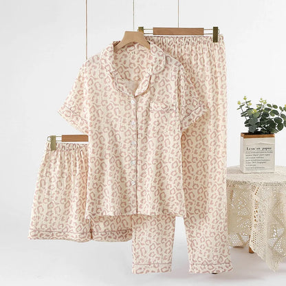 Pajamas pure cotton three-piece set spring and summer thin crepe autumn gauze lapel short-sleeved trousers shorts loungewear set