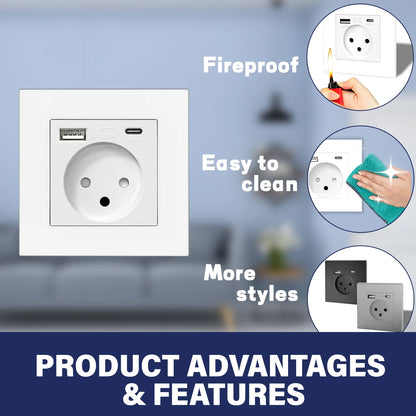 SIROT Israelische Steckdose mit USB Typ C, 86 mm flammhemmendes PC-Panel, AC 230 V 50 Hz, israelische Standard-Wandsteckdose, Weiß, Schwarz, Grau.