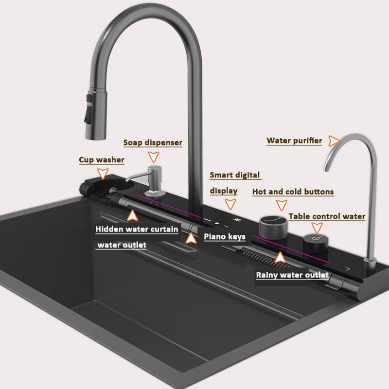 Blue Whale Dragon Rain Digital Display Large Single Sink Faucet with Integrated Multifunctional Atmosphere Light