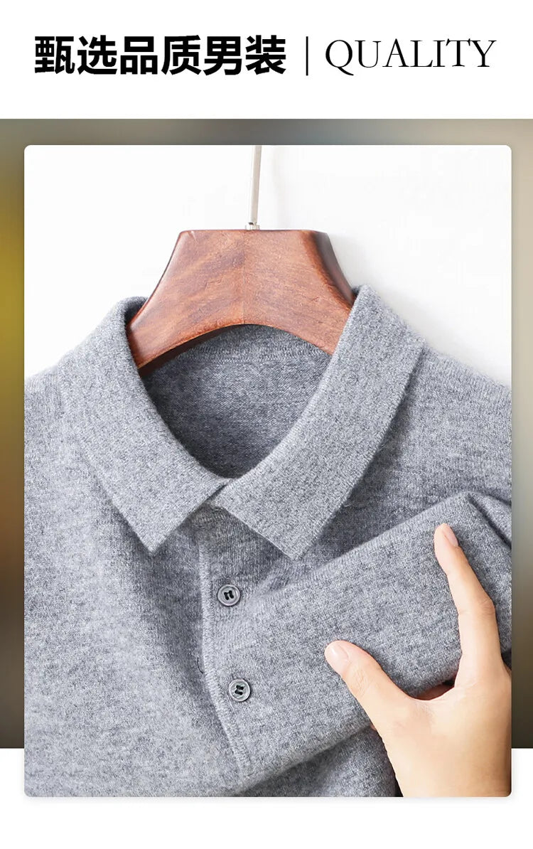 100% Wool. High-quality Men's Warm Sweater, Business Casual Stretchable POLO Shirt, Fall/winter Pullover Knitted Sweater..