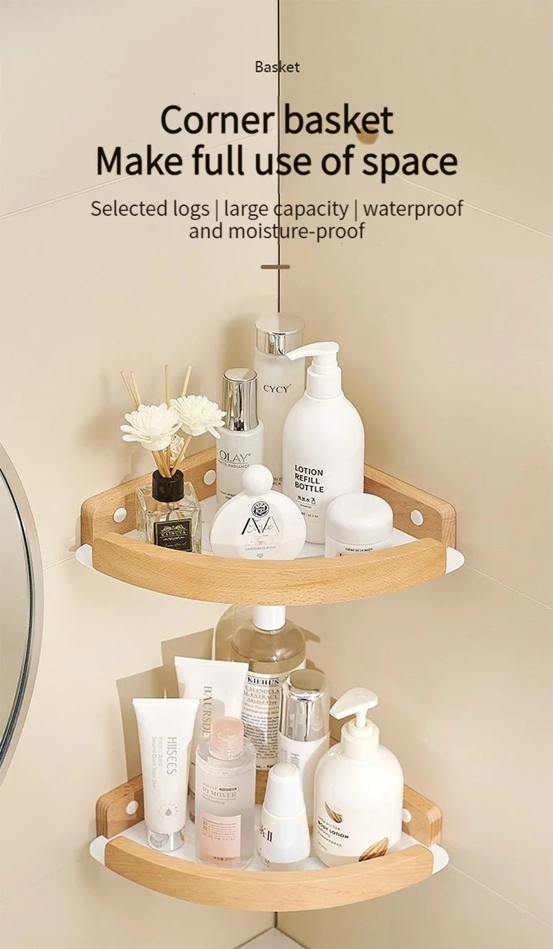 Badezimmer-Aufbewahrungsregal aus Holz und Aluminium, Aufbewahrungsregal für Badezimmer, perforationsfrei, Wandbehang, Waschtisch, WC, dreieckiges Eckregal