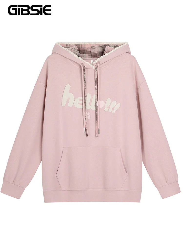 GIBSIE Plus Size Kängurutasche Kordelzug Hoodies Damen Herbst und Winter Kapuze Langarm bedruckt lose Sweatshirt Tops.