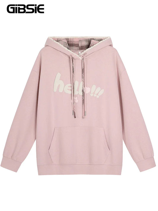 GIBSIE Plus Size Kängurutasche Kordelzug Hoodies Damen Herbst und Winter Kapuze Langarm bedruckt lose Sweatshirt Tops.