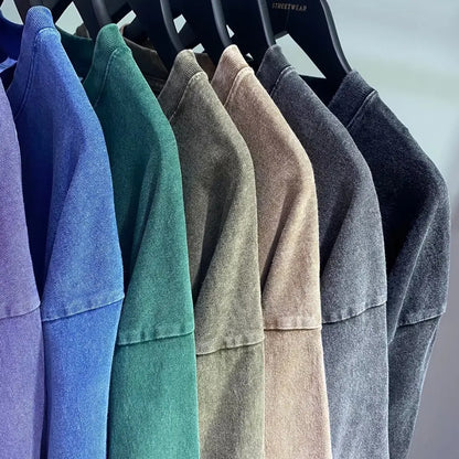 American Style Retro Heavyweight Solid Color Short Sleeved T-shirt Men Women Summer Street Trendy Washed Old Oversized Clothes.