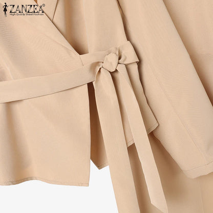 ZANZEA Elegant 2 Pieces Pant Sets Long Sleeve Belted Lightweight Blazer & Wide Leg Pant 2pcs Suits Office Lady Commuting Sets.