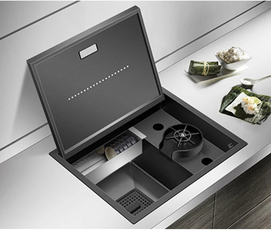 ASRAS Hidden Bar Island kitchen Sink Nanometer SUS 304 Flip Cover Hidden Handmade Small Size kitchen Sinks With Cup Rinser