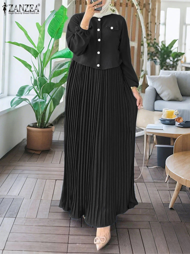 2025 ZANZEA Autumn Maxi Long Dress Women Elegant Long Sleeve Solid Pleated Sundress Patchwork Dresses Muslim Abaya Robe Femme.