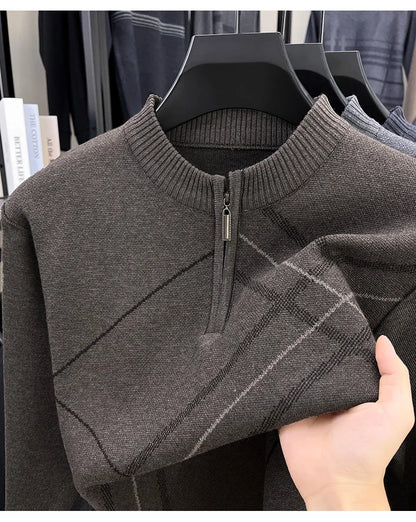 Men's New Thickened Turtleneck Knitwear Autumn Winter New Zipper Solid Color Sweater Middle Aged Warm Knit Top.