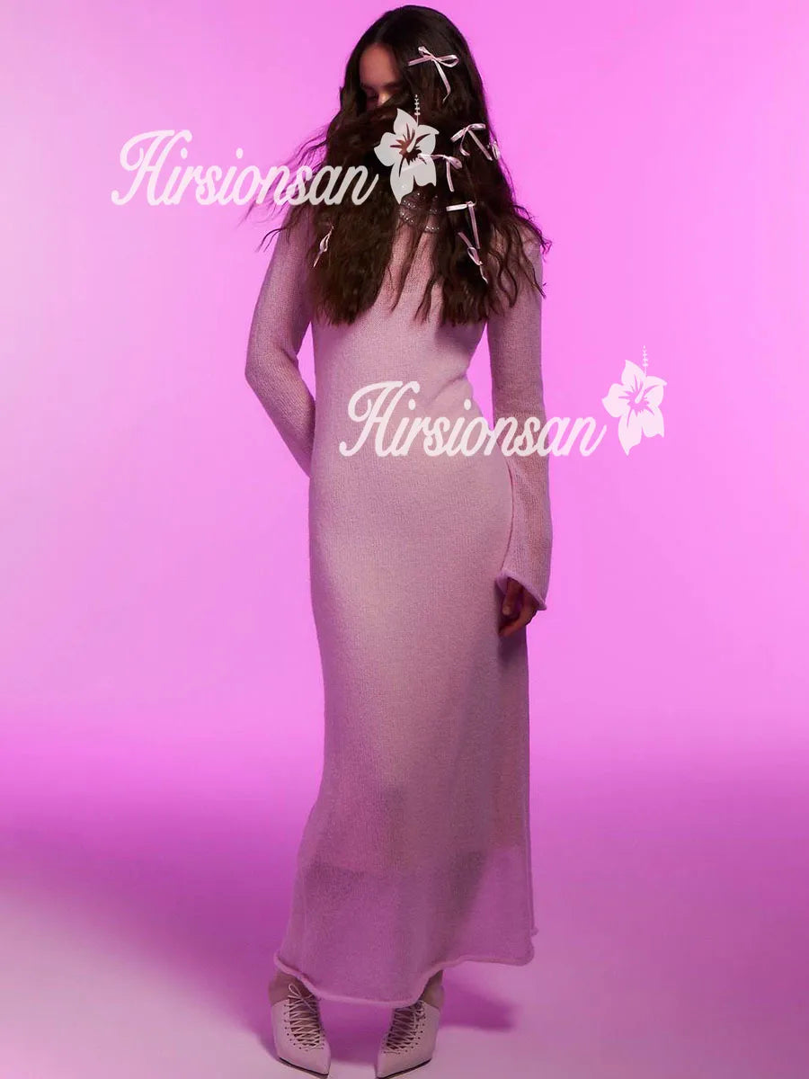 Hirsionsan Frühling Herbst Oansatz Elastische Stricken Lange Kleider Frauen 2024 Elegante Chic Weiche Dame Aushöhlung Pullover Kleider Femme Neue