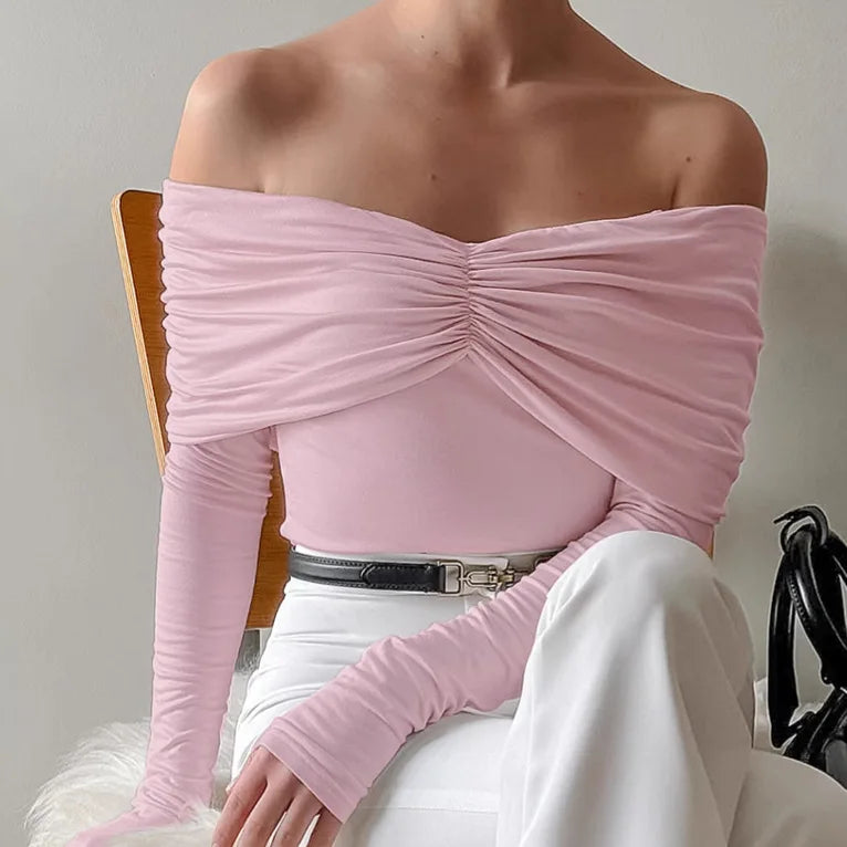 Talenza Sexy Ruched Top Women's One-Shoulder Long Sleeve Backless Solid Pullover Top Summer Female Office Lady Casual Top Women.