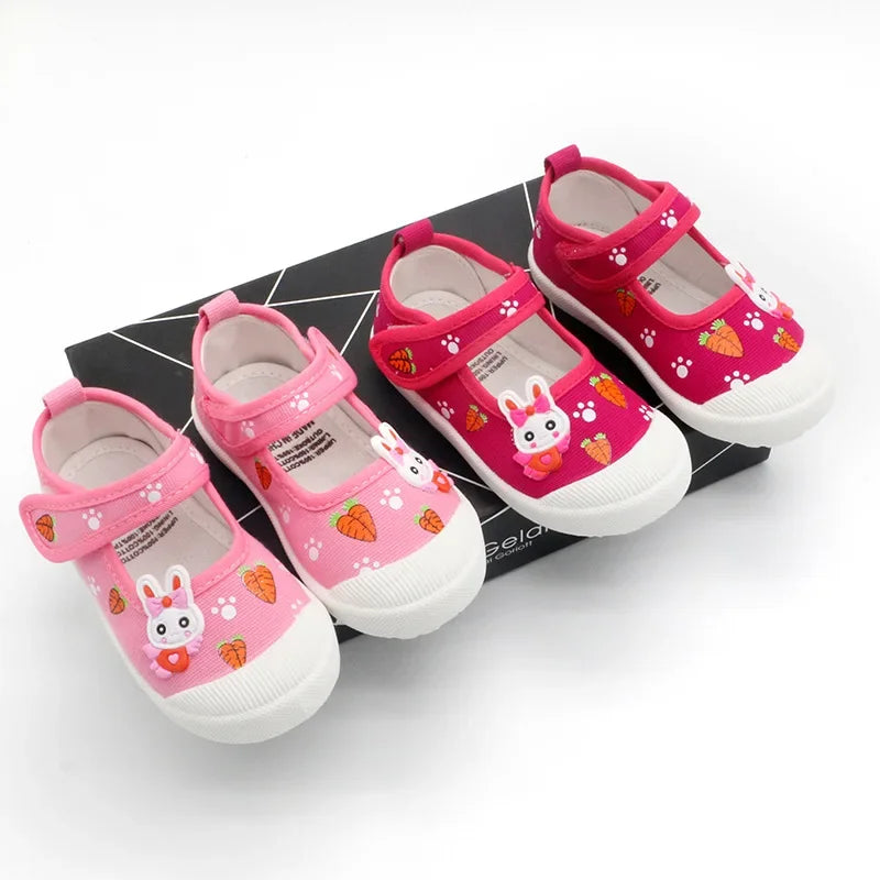 JGSHOWKITO Girls Canvas Shoes Soft Sports Shoes Kids Running Sneakers Candy  With Cartoon Rabbit Carrots Prints Children.