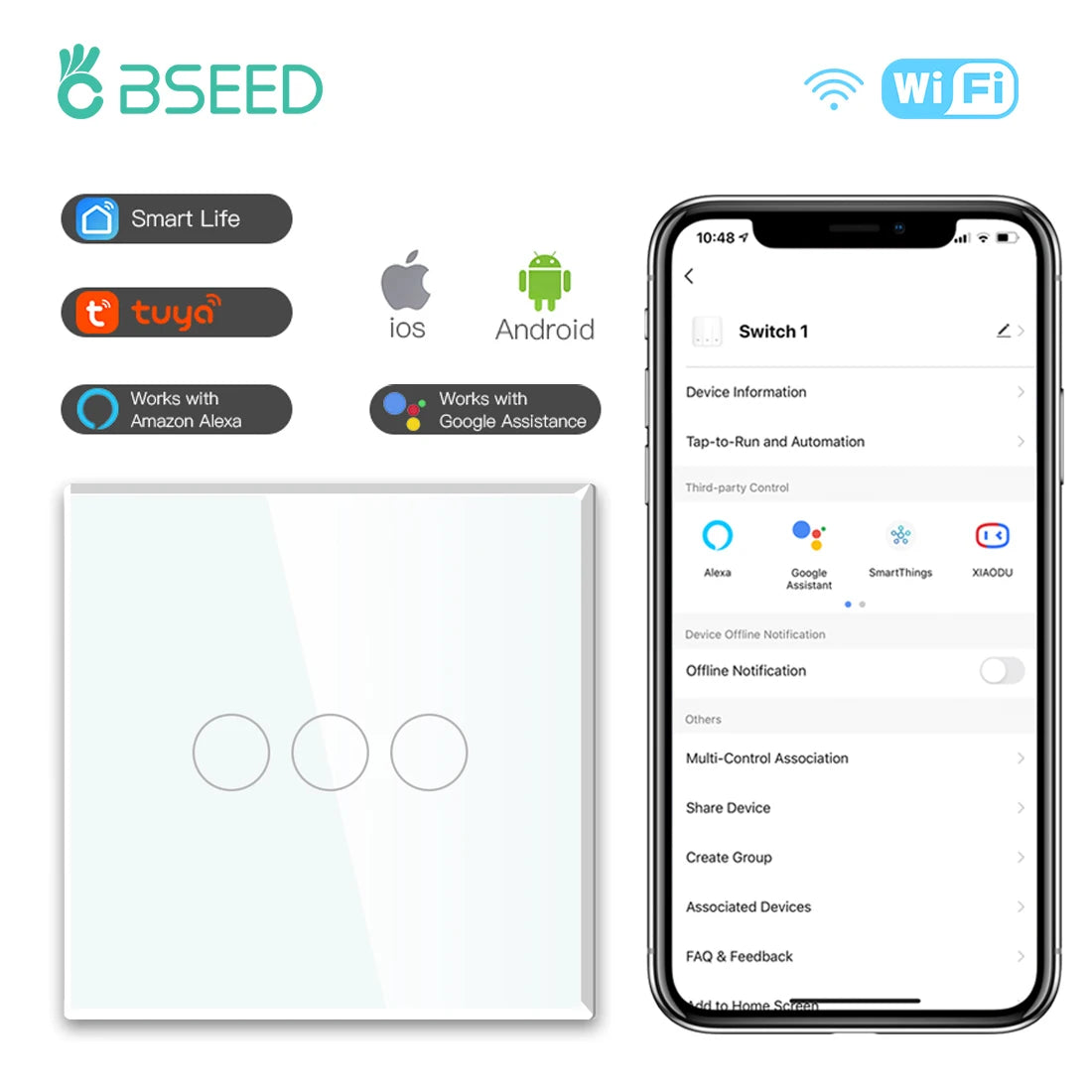 BSEED Wifi Touch Schalter Wand Licht Schalter Mit EU Buchse USB Typ-C Stecker Tuya Smart Leben Alexa Yandex App Steuerung Glas Panel
