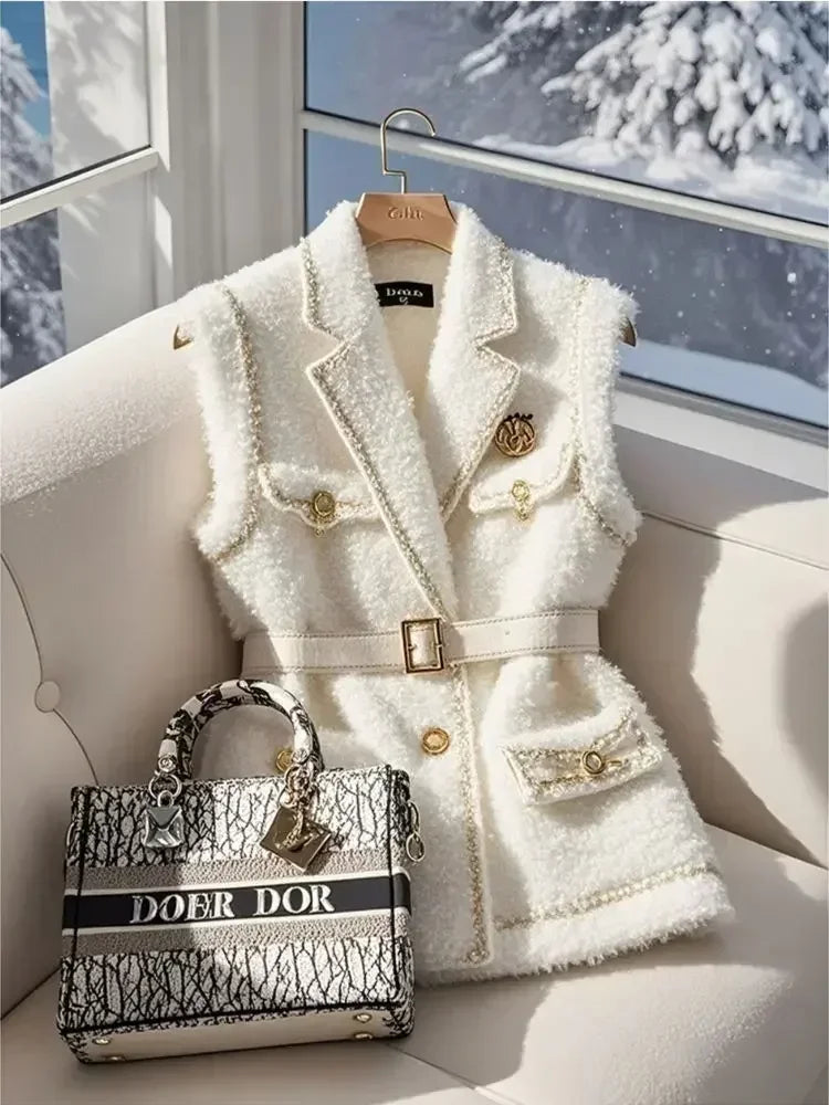 Frankreich Elegante Taille Gürtel Weiß Lamm Wolle Jacke Ärmellose Blazer Frauen Weste Formale Büro Dame Koreanische Mode Oberbekleidung.
