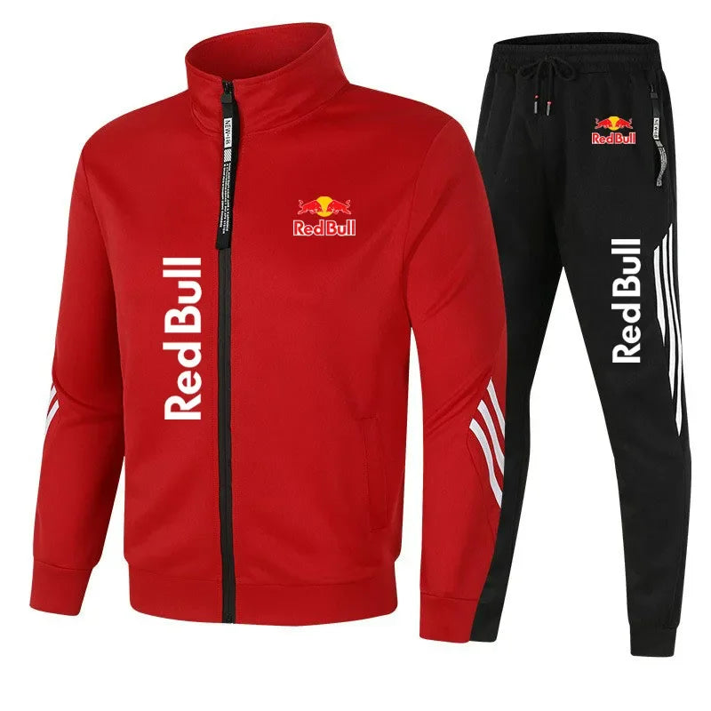 2025 Red Bull Logo Men's Hoodie Set Two-piece New Red Bull Brand Logo Printed Zipper Jacket Solid Color Simple Cycling Suit.