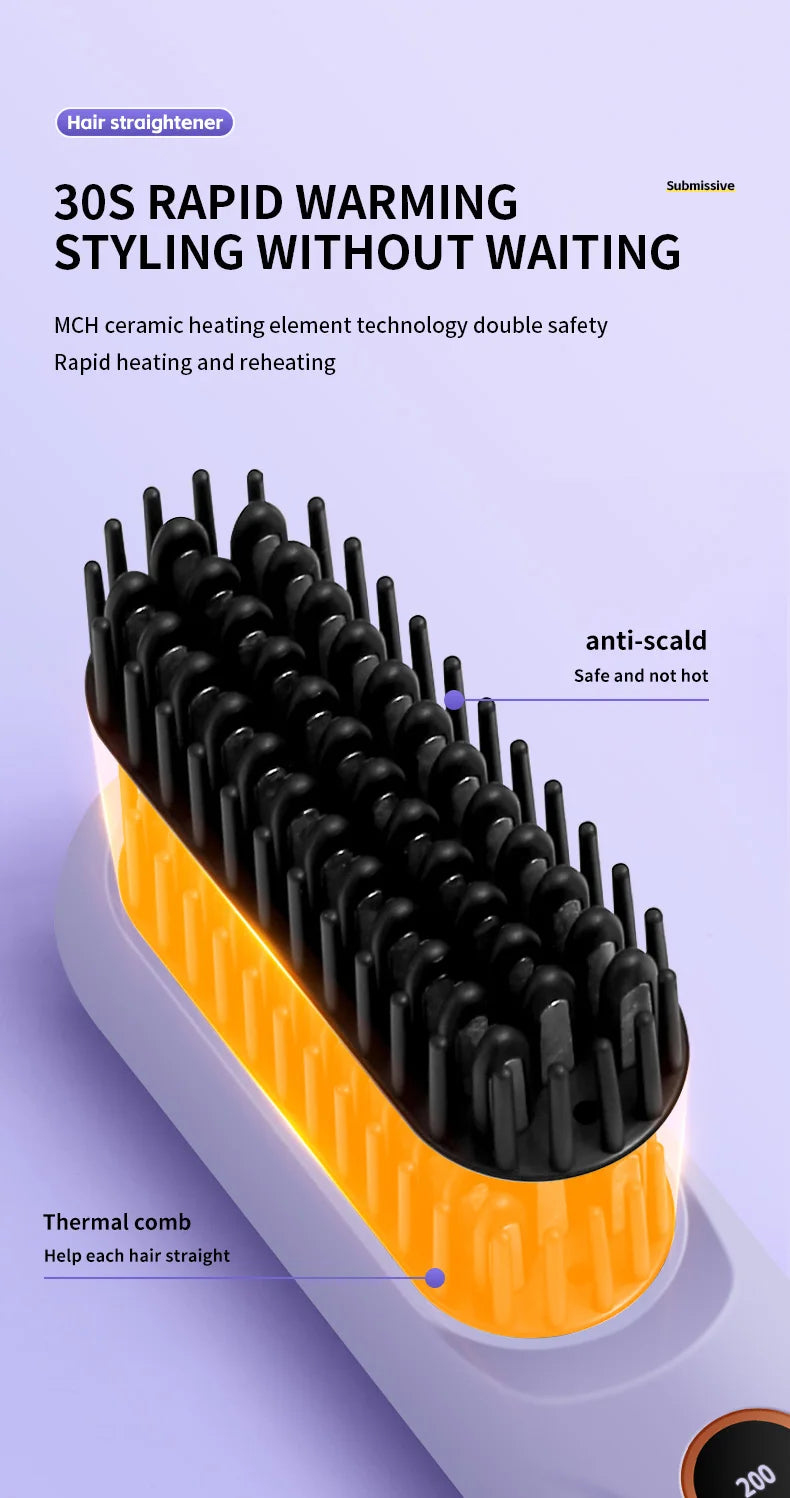 Electric Heating Straight Hair Comb LCD Screen USB Wireless Portable Negative Ion Styling Tool Rechargeable Straightening Brush.