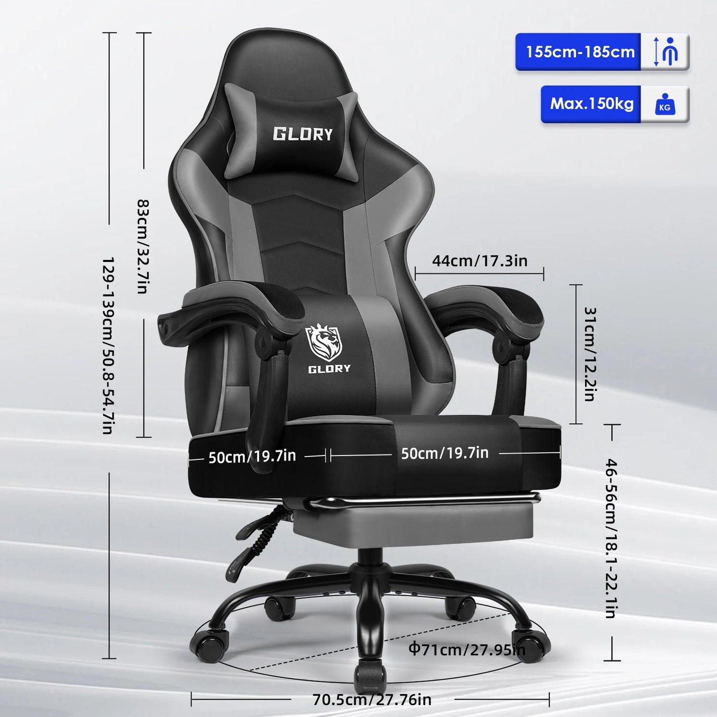 Daccormax 170 °   Liegender Gaming-Stuhl mit ausziehbarer Fußstütze, ergonomischer Bürostuhl mit Lordosenstütze und Kopfstützenkissen