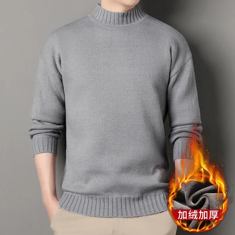 New Winter Men Mock Neck Turtlenecks Pullovers Fleece Warm Knitted Sweaters Good Quality Male Solid Outwear Casual Sweaters 3XL.