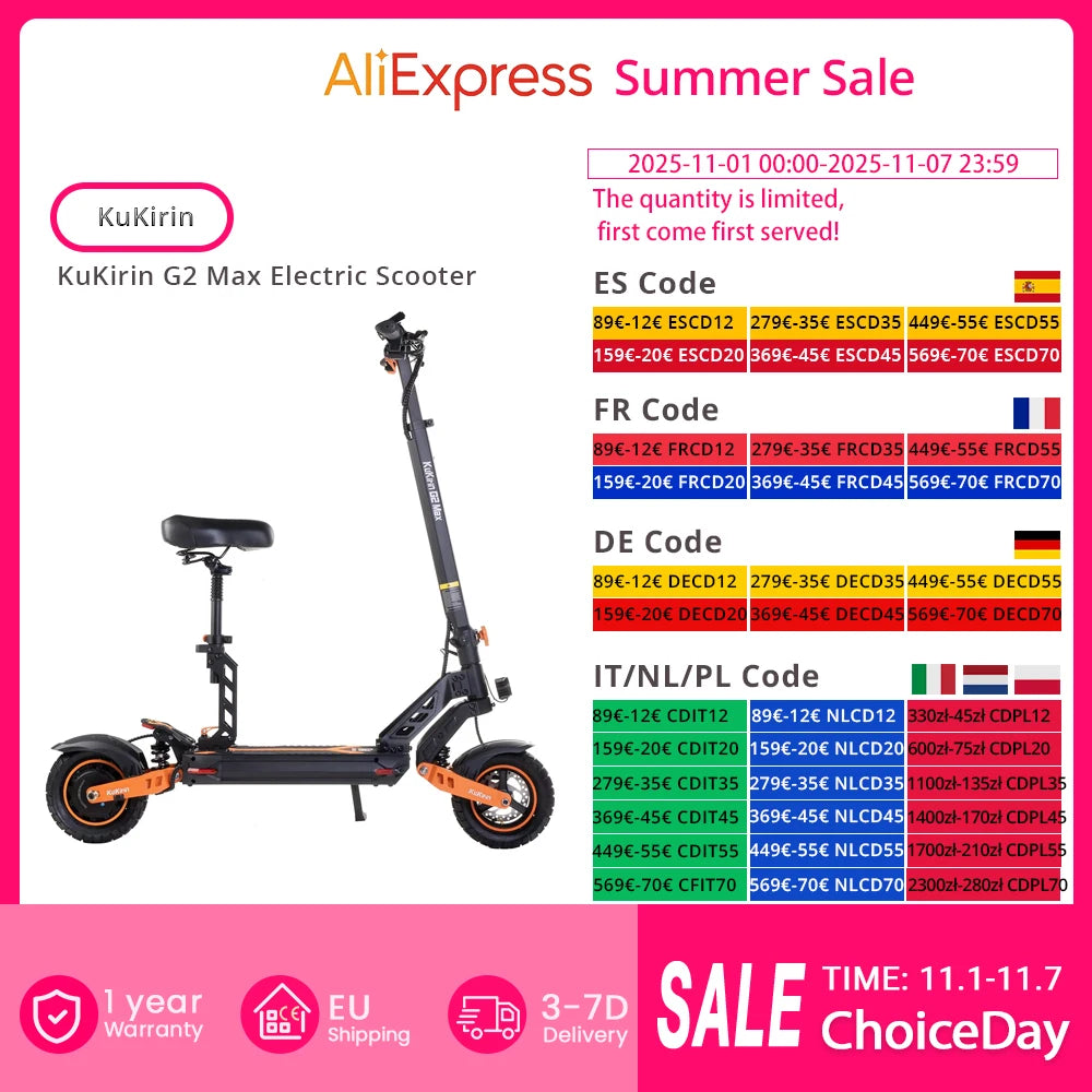 KuKirin G2 Max Electric Scooter 10 "Off-road Tire 1000W 55 Km/h Max Speed 48V 20.8Ah 70km Range Detachable Seat Adjustable Heigh.