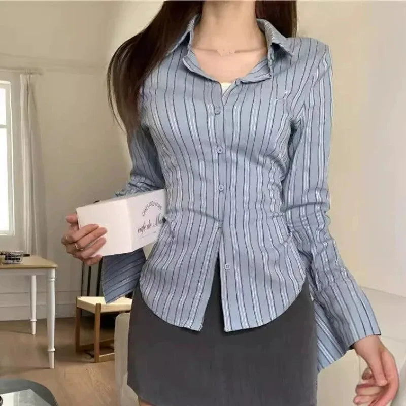 Korean Blue Striped Long Sleeve Shirt Jacket Women's Spring Design Waist Cinching Slimming Top Women Clothing.