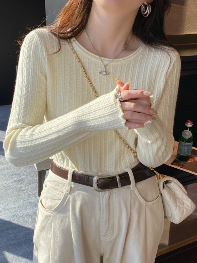 2025 neue Herbst Frühling Pullover Mode Frauen Gestrickte Dünne Lange Hülse O-ansatz Jumper Casual Büro Dame Pendeln Pullover Top.