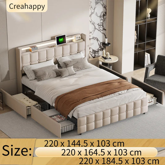 Creahappy Polsterbett – Doppelbettgestell mit wiederaufladbarem USB-Kopfteil, LED-Beleuchtung und 4 Schubladen – Beige
