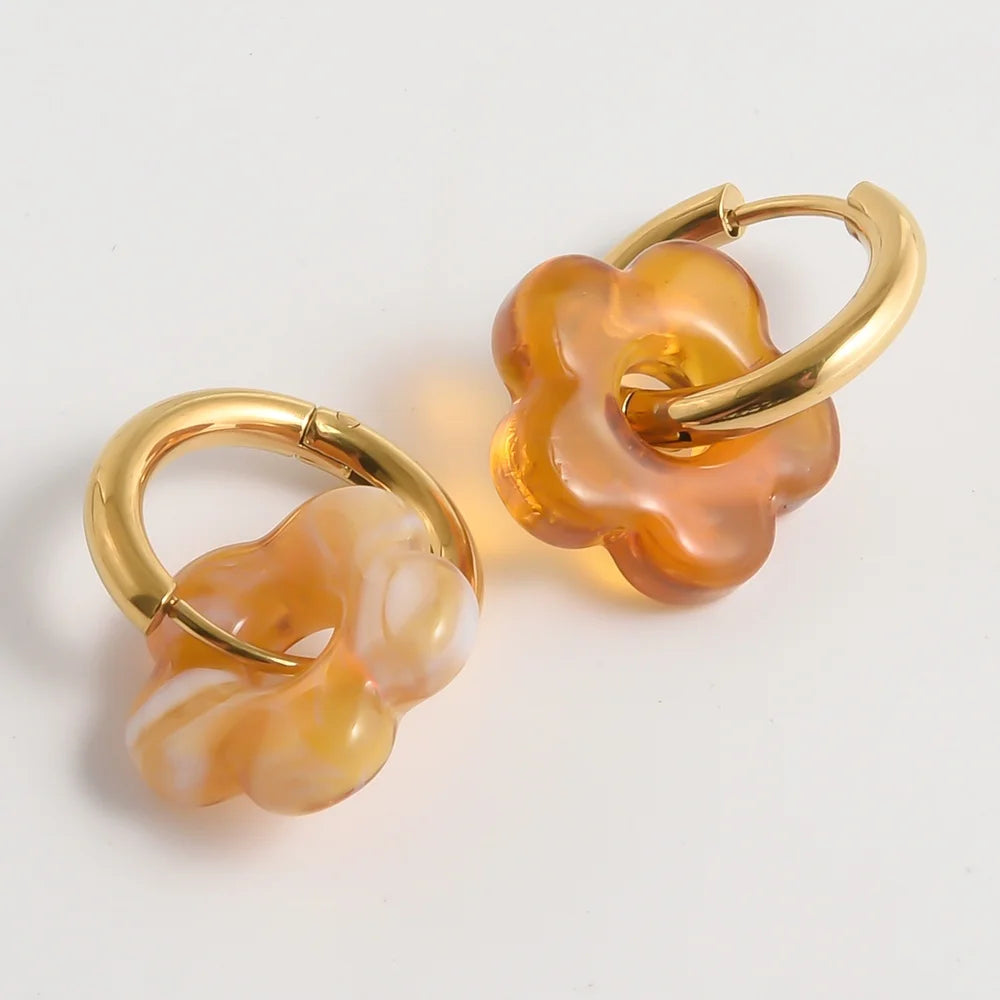 Colorful Flower Glass Drop Charms Earring Gold Color Circle Ear Buckle Hoops Stainless Steel Earrings Fashion Jewelry for Women.