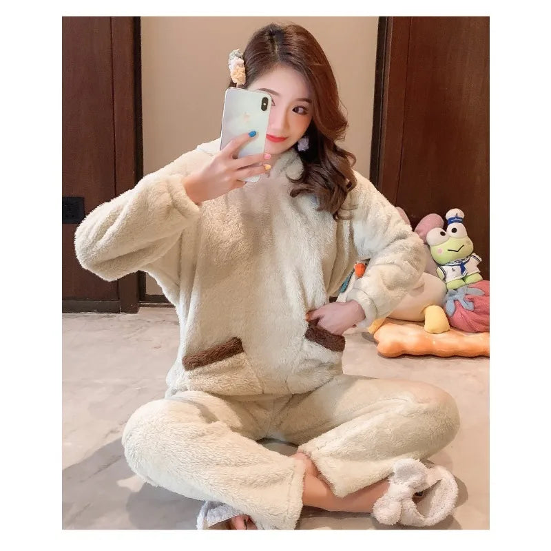 Verdickte warme Flanell Herbst und Winter Frauen Cartoon Plüsch mit Kapuze Bär Nachtwäsche Loungewear zweiteilige solide Nachtwäsche Homewe.