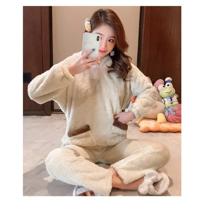 Verdickte warme Flanell Herbst und Winter Frauen Cartoon Plüsch mit Kapuze Bär Nachtwäsche Loungewear zweiteilige solide Nachtwäsche Homewe.