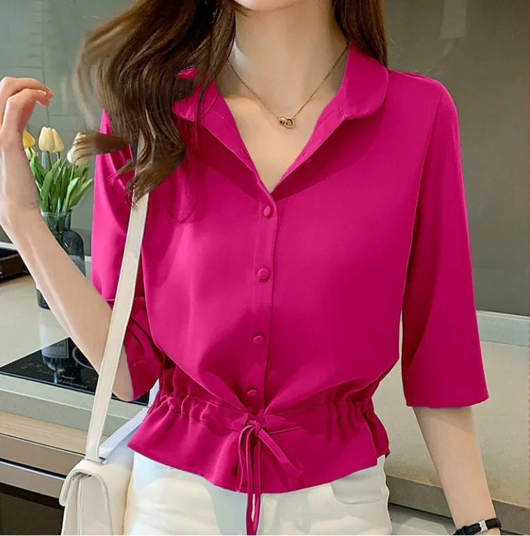 Summer Women All-match Solid Turn-down Collar Half Sleeve Chiffon Shirt Fashion Casual Shirring Single-breasted Blouses Female.