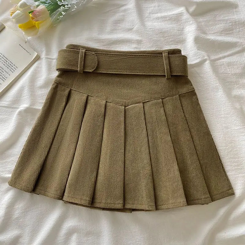 Pleated Mini Skirts Women Japan Students Corduroy Preppy Style Autumn Winter Basic Solid Bottoms Chic Vintage JK Slim All-match.
