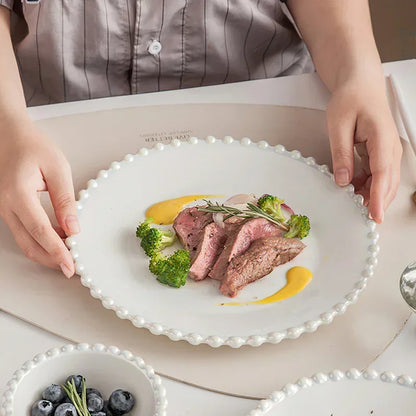 Ceramic Tableware Set Nordic Creative Pearls Beaded Edge Western Food Snack Plate Rice Bowl Soup Bowl Steak Plate Set Kitchen.