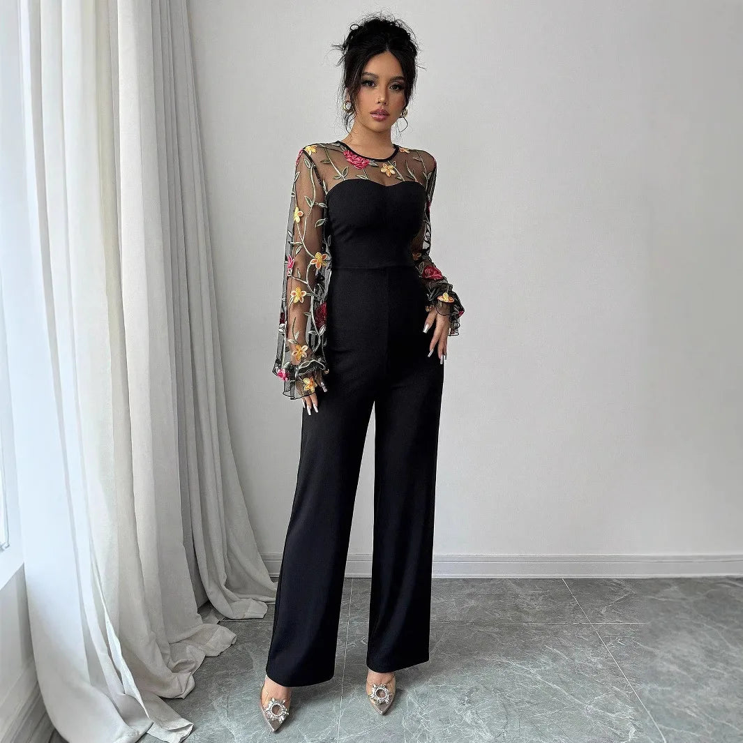 Spring Embroidery Floral jumpsuit Women Mesh long sleeve patchwork one piece set Elegant slim high waist wide leg Romper.
