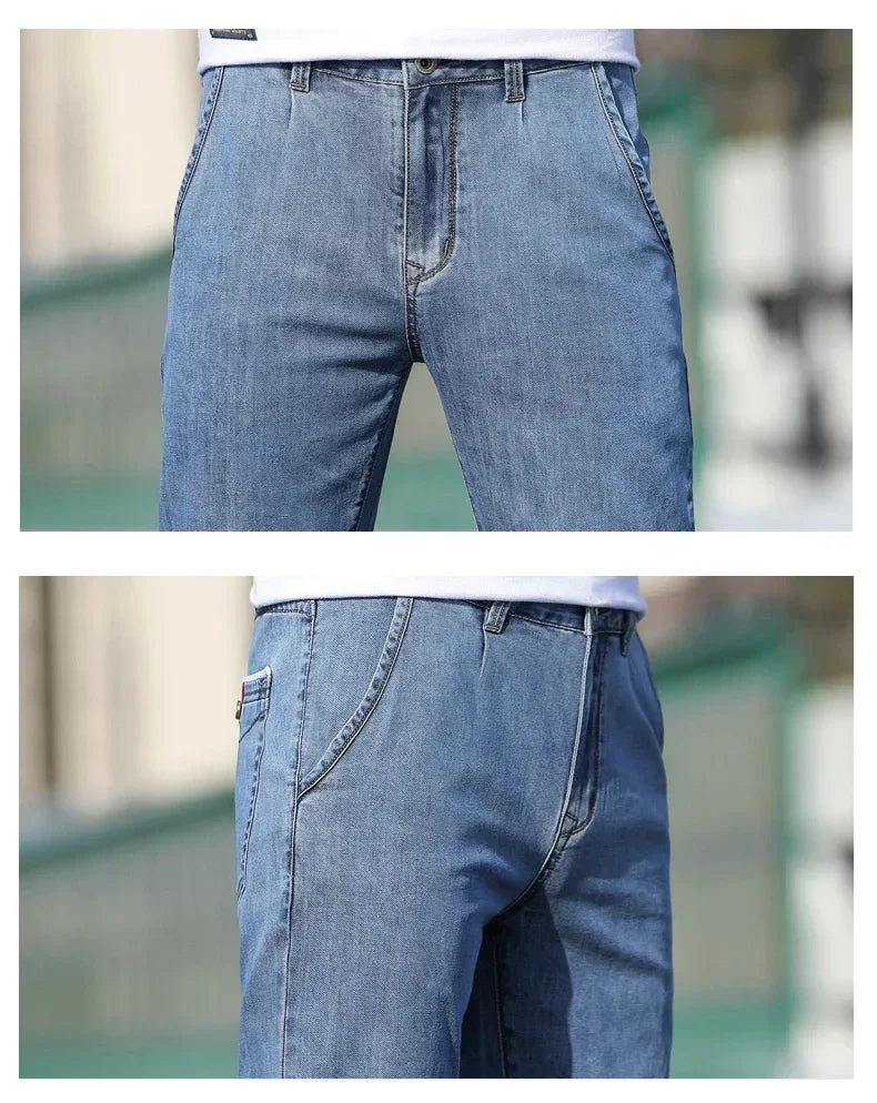 2025 sommer Neue männer Lose Grau Jeans Mode Lässig Stretch Gerade bein Denim Hosen Männlich Hellblau männer Hosen.