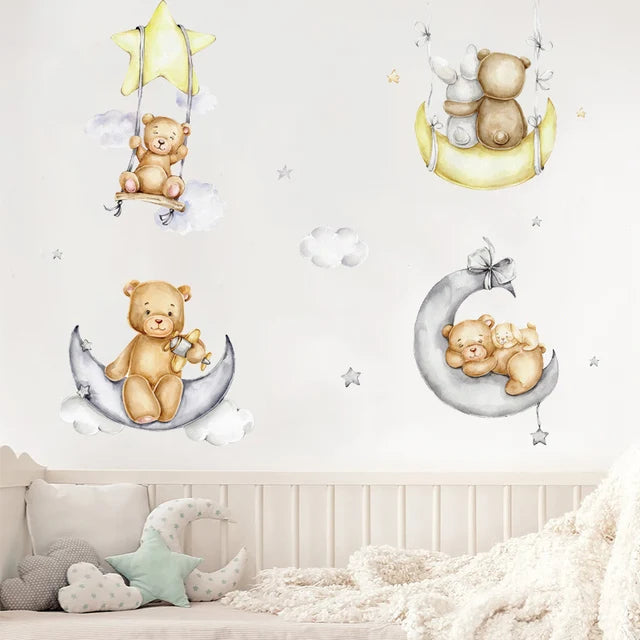 Cute Bear Moon Star Wall Stickers for Kids Rooms Girls Boys Baby Room Decoration Kawaii Cartoon Animal Nursery Wallpaper Vinyl